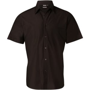 A black short sleeve button-up shirt with a collar and a single chest pocket, featuring a logo.