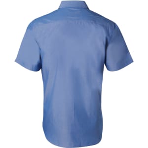 A blue short sleeve button-up shirt with a simple design and a logo on the back.