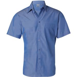 A short-sleeve button-up shirt in a light blue shade, featuring a chest pocket and a logo.