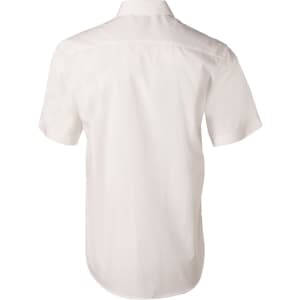 A short sleeve button-up shirt in white, featuring a back yoke and a logo.