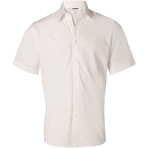 A short sleeve button-up shirt in white, featuring a single chest pocket and a logo on the collar.