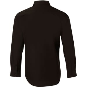 A black long sleeve button-up shirt featuring a sleek design and a logo on the back.