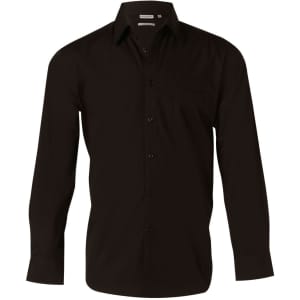 A black long sleeve button-up shirt with a chest pocket and a logo tag on the collar.