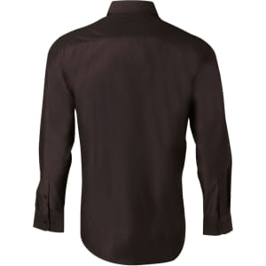 A dark brown men's long sleeve button-up shirt featuring a classic collar and buttoned cuffs.