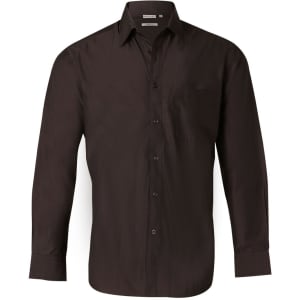 A black long sleeve button-up shirt with a collar and a single chest pocket. It features a logo on the label.