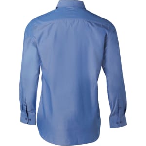 A blue long sleeve button-up shirt with a smooth finish and a back view featuring a logo.