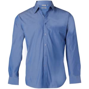 A blue long sleeve button-up shirt with a pocket and a collar, featuring a logo on the label.