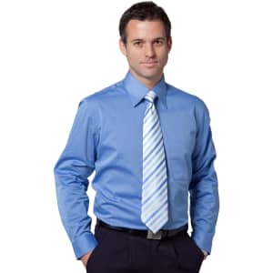 A light blue men's long sleeve button-up shirt, featuring a chest pocket and worn with a diagonal striped tie.
