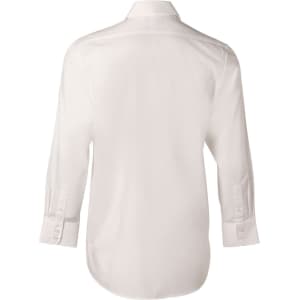 A white long sleeve button-up shirt with a classic collar and button cuffs, featuring a logo.