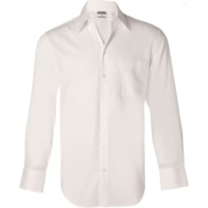 A white long sleeve button-up shirt with a front pocket and a collar, featuring a logo.