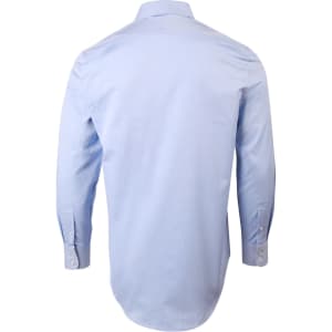 A light blue men's long-sleeve pinpoint oxford shirt with a button-up front and cuff details.