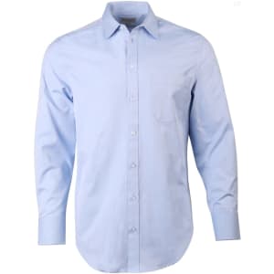 A light blue long-sleeve button-up shirt with a single chest pocket and a logo on the collar.