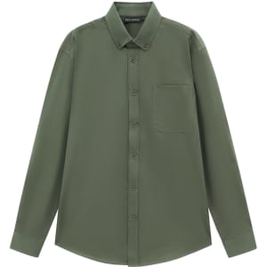 A long-sleeve cotton blend shirt in olive green with a button-up front and chest pocket. It features a brand logo.