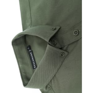 A green men's long-sleeve cotton blend shirt featuring a button-up collar and a branded tag.