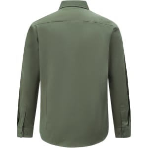 A Men's smart casual long-sleeve shirt in olive green with a collar and buttoned cuffs, featuring a logo on the back.