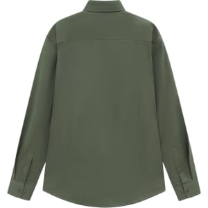 A long-sleeve shirt in olive green with a classic collar and buttoned cuffs, featuring a logo on the back.