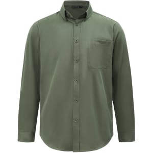 A men's smart casual long-sleeve shirt in olive green, featuring a button-down collar and a chest pocket.