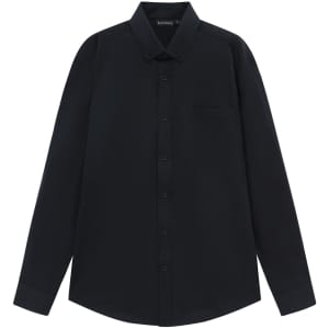 A black long-sleeve shirt with a button-up collar and a chest pocket, featuring a logo.