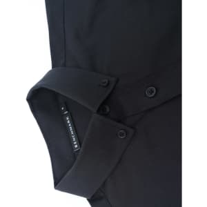 A black long-sleeved cotton blend shirt with a button-up collar and a logo on the inside label.