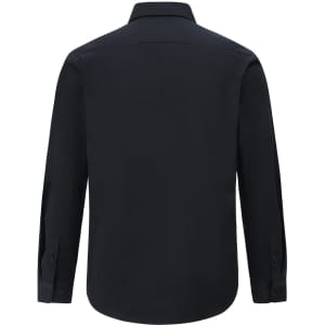 A black long-sleeve shirt with a collar and buttoned cuffs, featuring a branding logo.