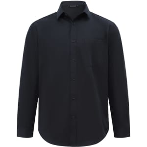 A black men's long-sleeve shirt in a cotton blend, featuring a button-down collar and a chest pocket.