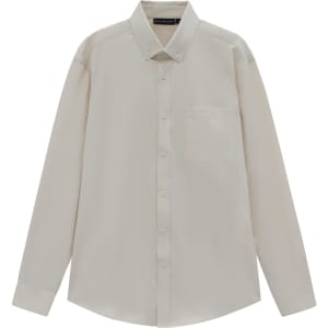 A men's smart casual long sleeve shirt in a light beige cotton blend, featuring a button-down collar and a chest pocket.