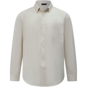 A men's smart casual long-sleeve shirt in a light cream colour with a chest pocket and button-down collar.