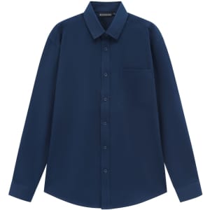 A navy long-sleeve shirt made from a cotton blend, featuring a button-up front and a chest pocket.