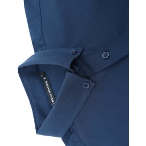 A navy blue cotton blend long-sleeve shirt with a folded collar and buttons, featuring a logo label.