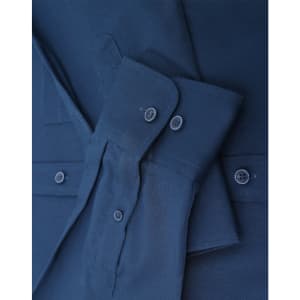 A navy blue long-sleeve cotton blend shirt with buttons and a folded sleeve detail. It features a logo.
