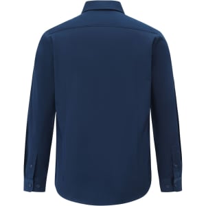 A navy cotton blend long-sleeve shirt with a classic collar and buttoned cuffs. Features a logo on the back.