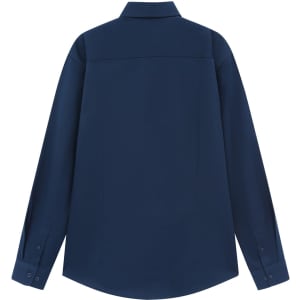 A navy blue men's smart casual cotton blend long-sleeve shirt with a standard collar and buttoned cuffs.