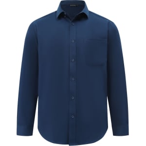 A navy blue long-sleeve shirt with a button-up front and a single chest pocket. It features a subtle logo.