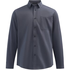 A men's smart casual long-sleeve shirt in a dark grey cotton blend, featuring a button-down collar and a chest pocket.