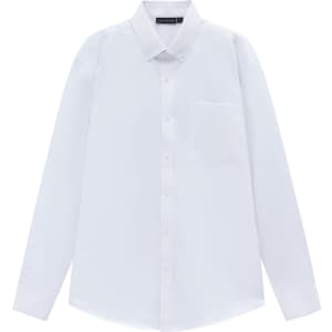 A white long-sleeve cotton blend shirt with a collar and a single chest pocket, featuring a logo.