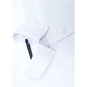 A white men's smart casual long-sleeve shirt featuring button details and a pocket with a pen.