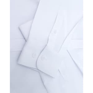A white men's smart casual cotton blend long-sleeve shirt with buttoned cuffs and a logo.