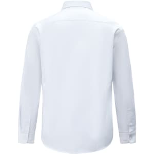 A white long-sleeve shirt with a collar and buttoned cuffs, featuring a logo on the back.
