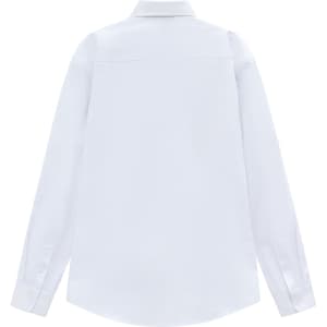 A white long-sleeve cotton blend shirt with a collar and a back yoke detail. Features a logo.