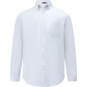 A white men's long-sleeve smart casual shirt with a button-down collar and a chest pocket. It features a logo.
