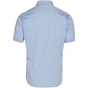 A light blue men's short sleeve chambray shirt with a casual button-up design and a back view. Features a logo.