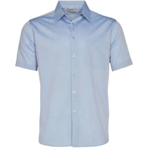 A light blue short sleeve button-up shirt with a chest pocket and a logo.
