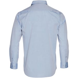 A light blue men's long sleeve button-up shirt featuring a simple design and branding on the back.