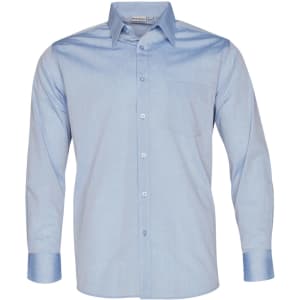 A light blue long sleeve chambray shirt with a button-up front and a pocket on the chest. It features a logo tag.