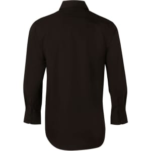 A black men's long-sleeve button-up shirt displayed from the back featuring a collar and buttoned cuffs.