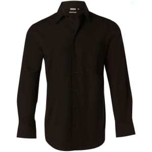 A black long-sleeve button-up shirt made of cotton and polyester with a logo on it.