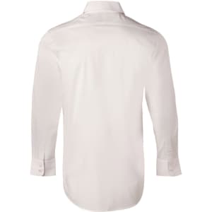 A men's long-sleeve button-up shirt in a light shade of beige, featuring a simple design and a brand logo.