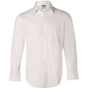 A white long-sleeved button-up shirt with a chest pocket and branding. Made from cotton/poly stretch material.