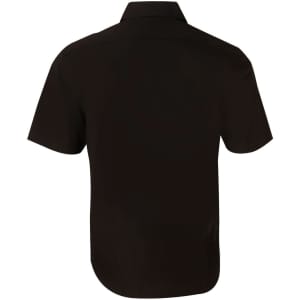A black short-sleeve button-up shirt with a straight back design and a collar. It features a logo.