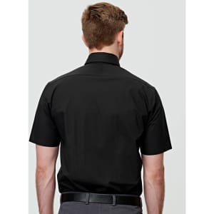 A black men's short-sleeve button-up shirt with a classic collar and fitted style, featuring a logo on the back.